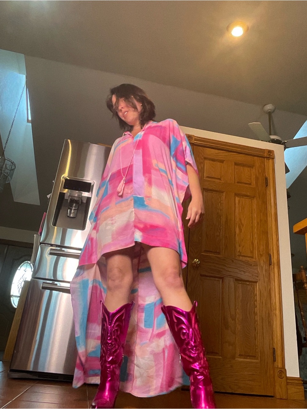 Buddy Love High Low Kaftan Dress M/L Pink Abstract Kimono Maxi Cover Up dopamine